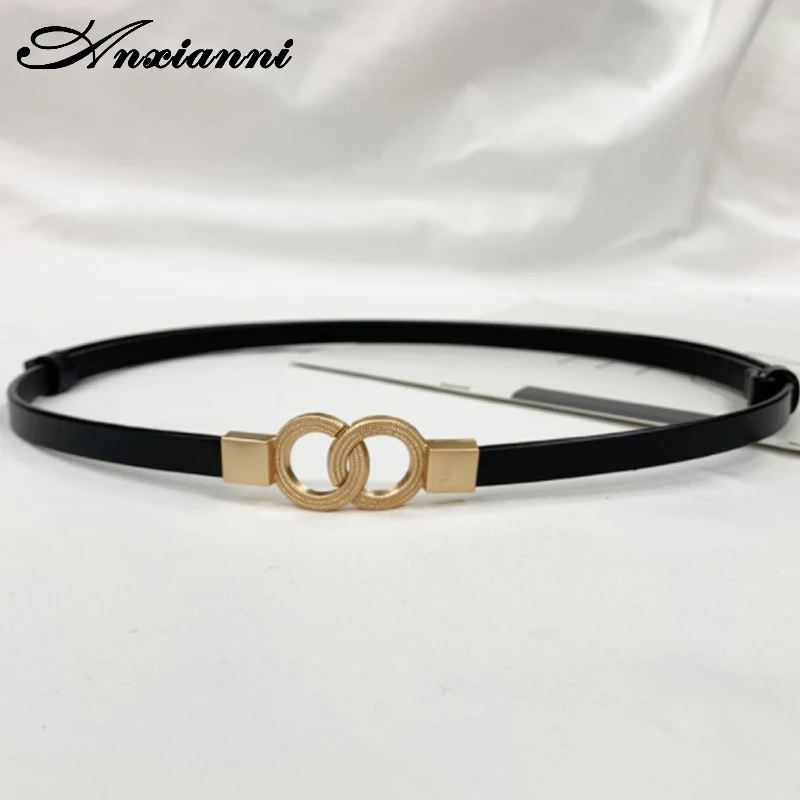 

Anxianni new double buckle leather belt female elastic adjustable dress fine belt leather belt