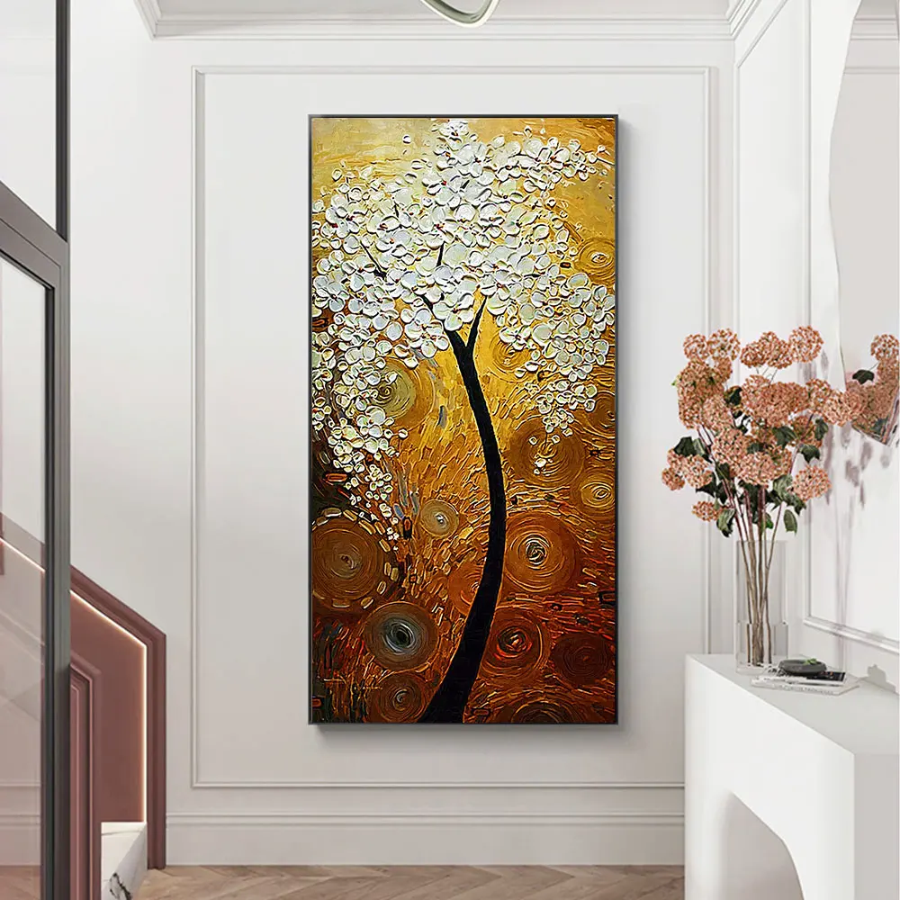 

Texture Palette Knife White Flowers Tree Canvas Wall Art Handmade Oil Painting Modern Abstract Oil Painting for Livingroom Decor