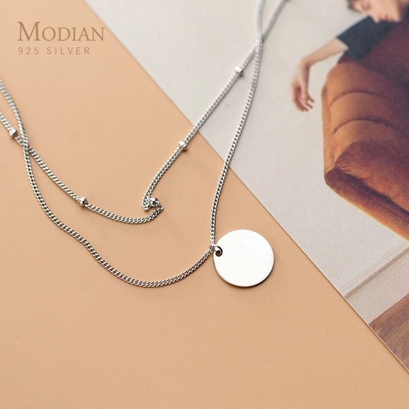 Modian Minimalist Sequins Little Ball Pendant Necklace for Women Gift Sterling Silver 925 Double Chain Necklace Fine Jewelry