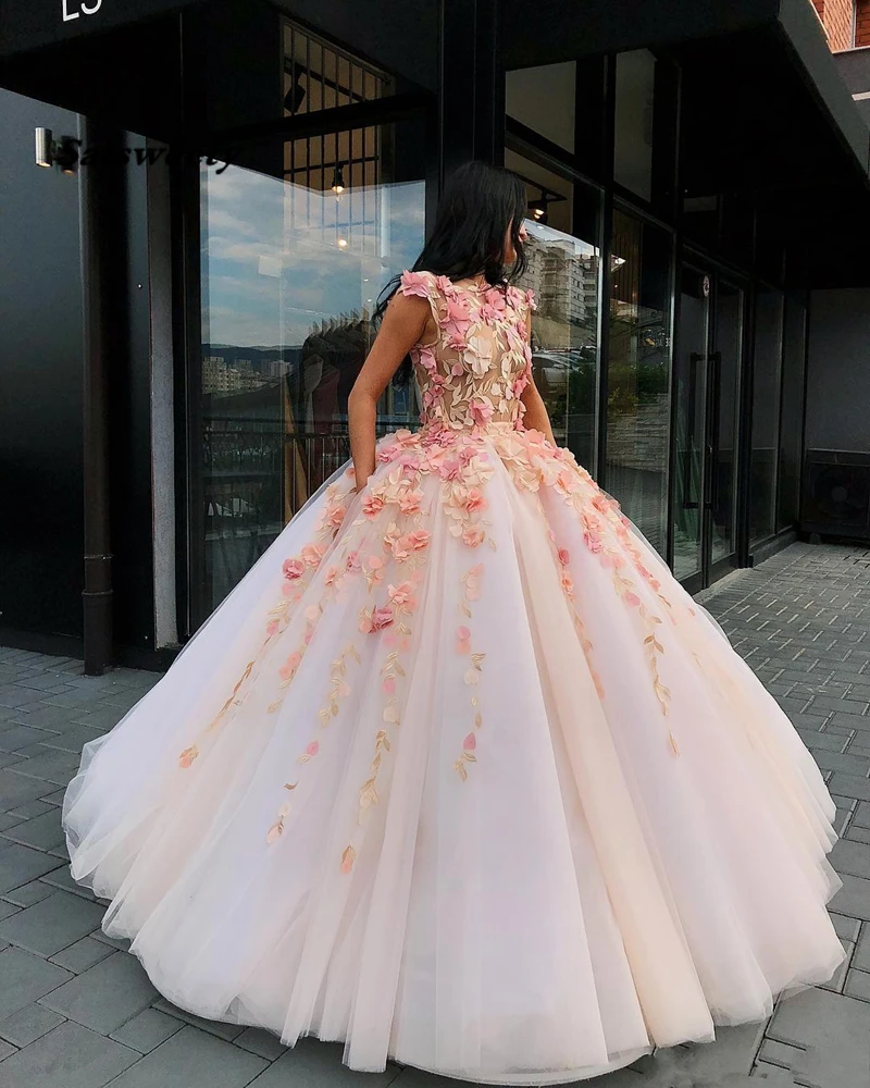 Princess Floral Flowers Ball Gown Quinceanera Dresses Sweet 16 Dress Prom Dresses Puffy Princess Girls Pageant Lace Appliques