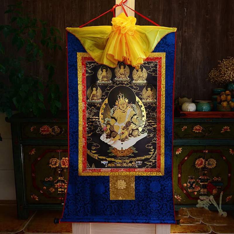 Yellow God of wealth Tangka Tibetan gilded fifth road God of wealth Buddha hanging painting living room decoration painting