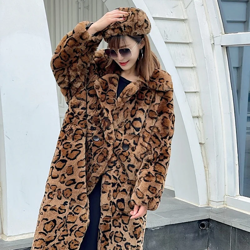 2022 New Winter Women Real Rex Rabbit Fur Coats Off Season Fashion Long Leopard Overcoat Simple Warm Ladies Outerwear Street