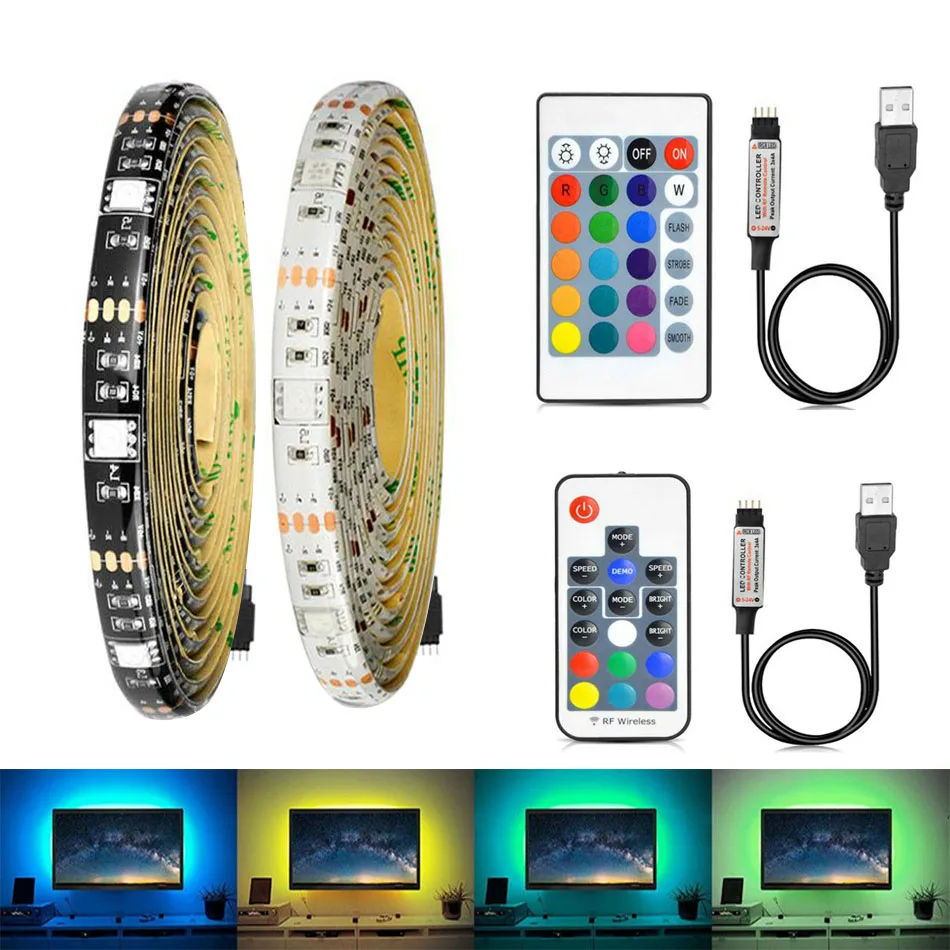 DC5V 5050 LED RGB Strip  17Key RF 24key IR controller Control Color Changing LED 30LEDs/m RGB Light Strips For TV Rooms, Party