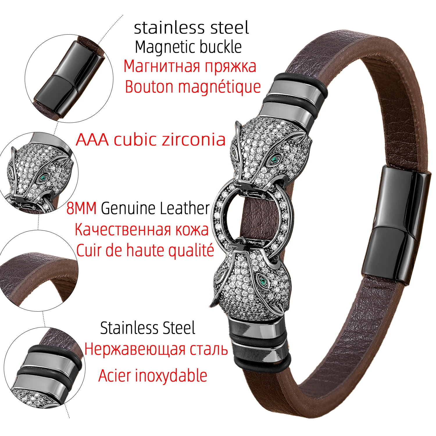 Animal Shape AAA Cubic Zirconia Bracelet Brown Genuine Leather Women Wrist Bracelets Luxury Jewelry Fashion Men\'s Bangles