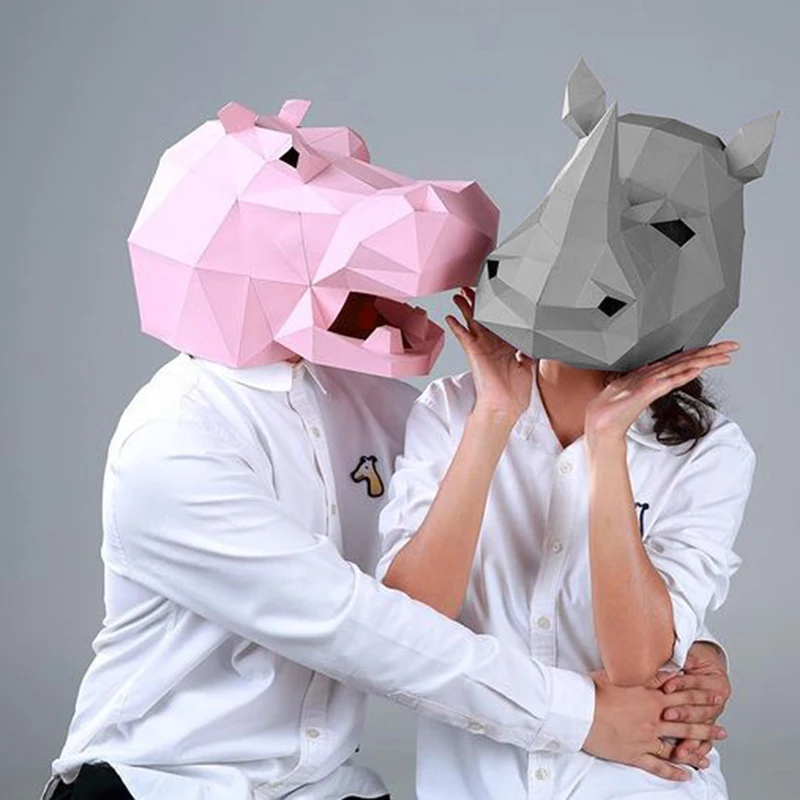 3D Paper Mask Hippo Rhinoceros Animal Costume Cosplay DIY Papercraft Model Mask Headgear Christmas Halloween Prom Party Gifts