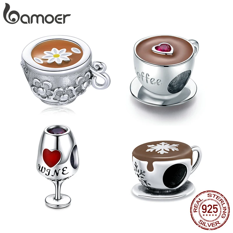 bamoer Authentic 925 Sterling Silver Flower Teacup Charm Coffee Charm Wine Glass Bead for Original Bracelet DIY Fine Jewelry