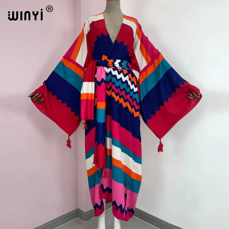 Spring Summer Lady KIMONO Women\'s Dress Wave Print Long Sleeve V-Neck Casual Loose Holiday beach cardigan Dress robe sexy femme