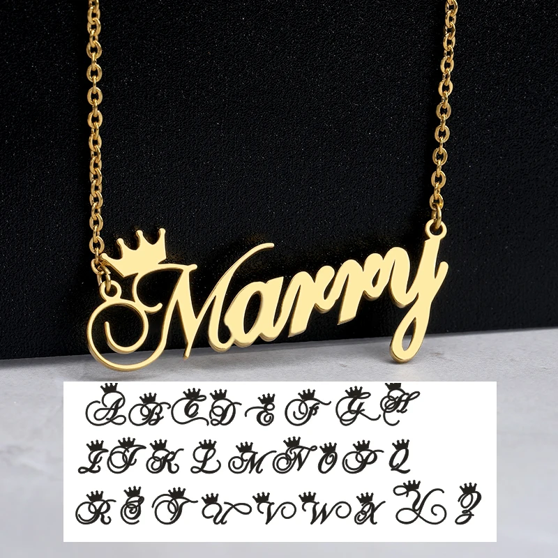 Handmade Jewelry Personalized Crown Name Necklace Stainless Steel Customized Letter Initials Nameplate Pendant Sister Jewelry