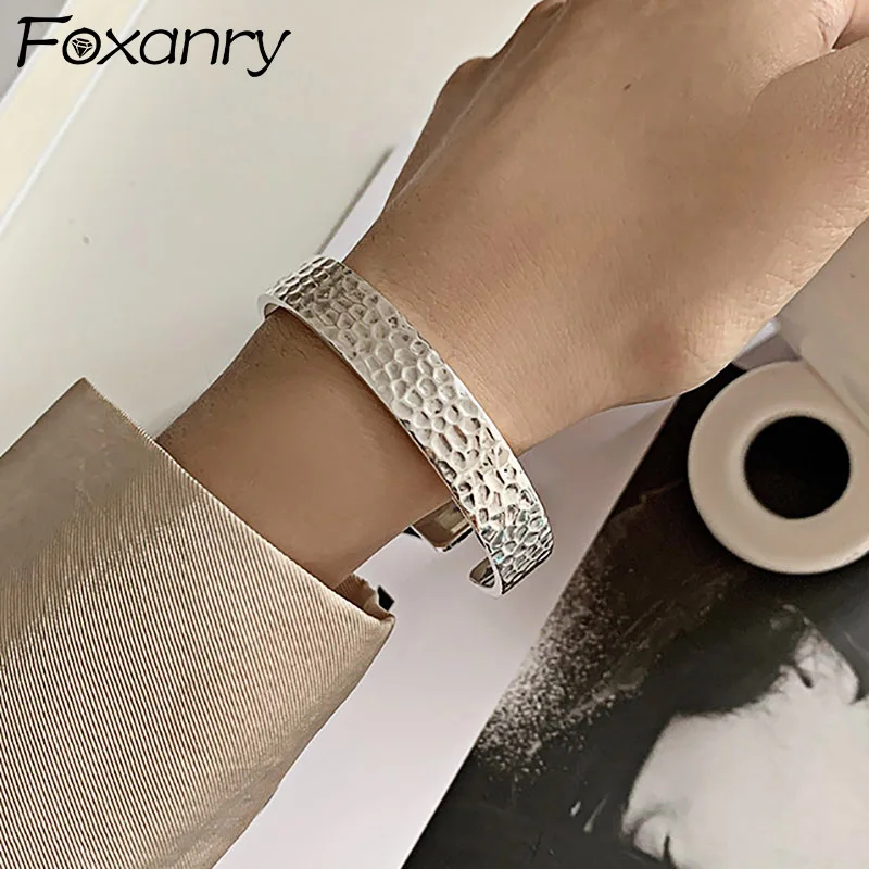 Foxanry Vintage Punk Width Bracelet Thai Silver Jewelry Fashion Simple Bumpy Surface Party Accessories Gifts