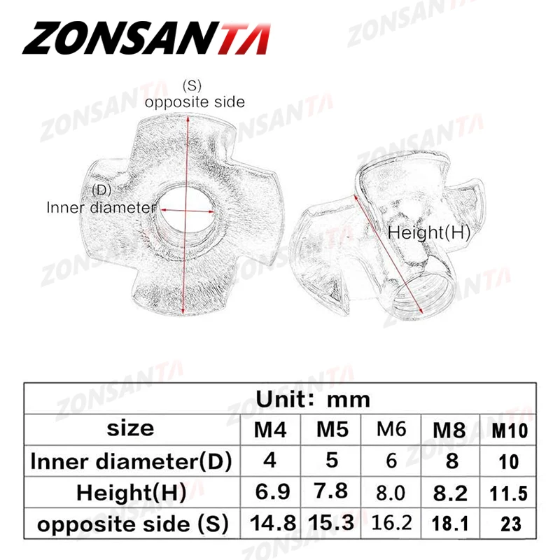 ZONNSANTA 30Pcs 4-Pronged Tee Nut M4 M5 M6 M8 M10สี่กรงเล็บ Nut ลำโพง Nut T-nut ตาบอด Pronged ใส่ Tee Nut เฟอร์นิเจอร์ไม้