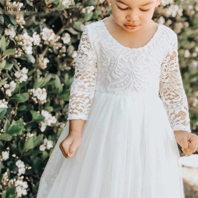 Puffy Tüll Spitze Blume Mädchen Kleider Backless Illusion Langarm Kinder Hochzeit Party Kleid Erstkommunion Kleid