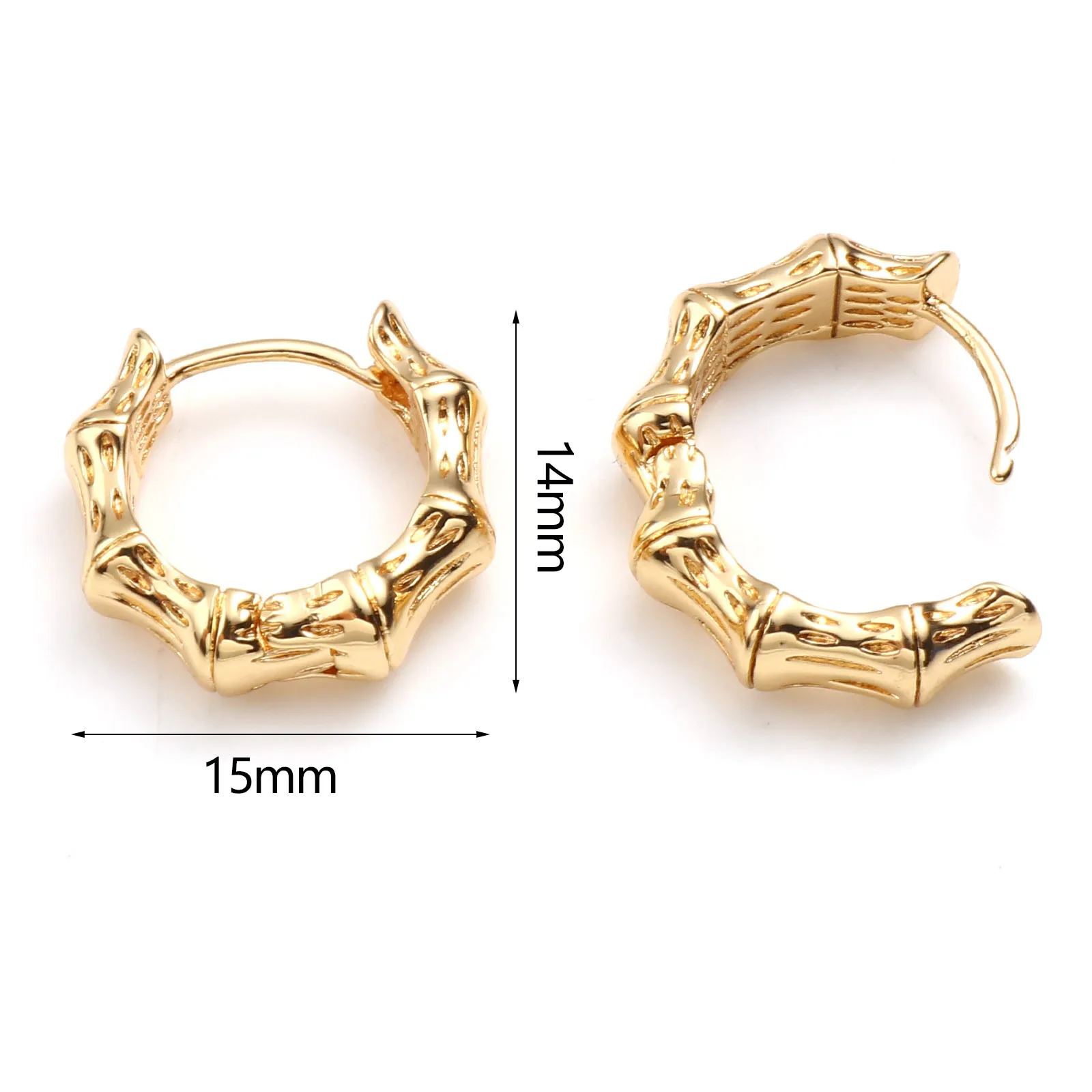 2PCs Copper Hoop Earrings Gold Color Metal Bamboo-shaped Circle Ring For Women Wedding Party Earrings Jewelry Gifts 15mm x 14mm