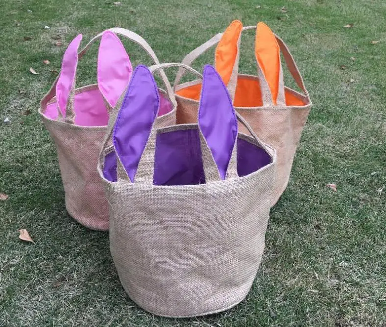 50pcs/lot 2019 Easter Day Decoration Popular Cute Children Burlap Easter Rabbit Basket for Kids Easter Bucket Tote Bag Wholesale