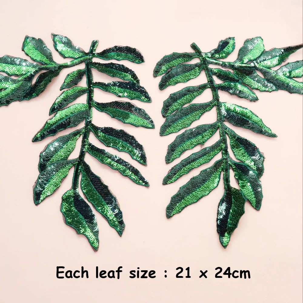 Large Size Sew On Sequins Fern Leaves Patches Beaded Plant Leaf Applique Patches For Clothing Appliques Parches Bordados Ropa