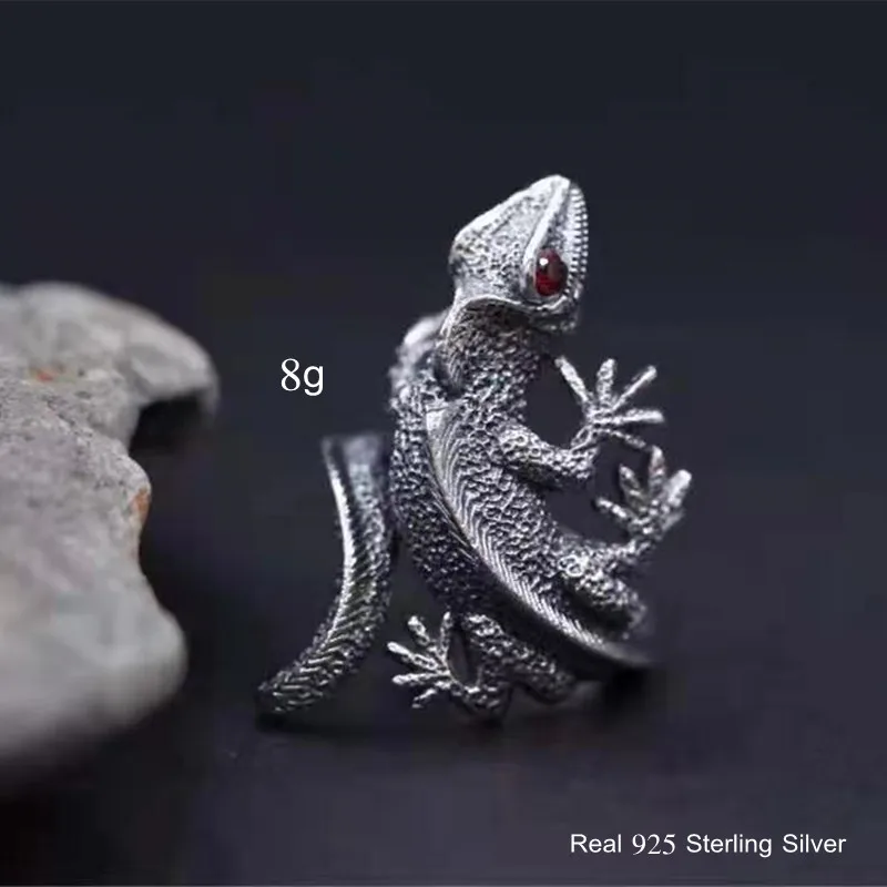 Buyee 925 Sterling Silver Unique Ring Finger Cute Gray Lizard Open Ring for Men Women Fashion Animal Punk Fine Jewelry Circle