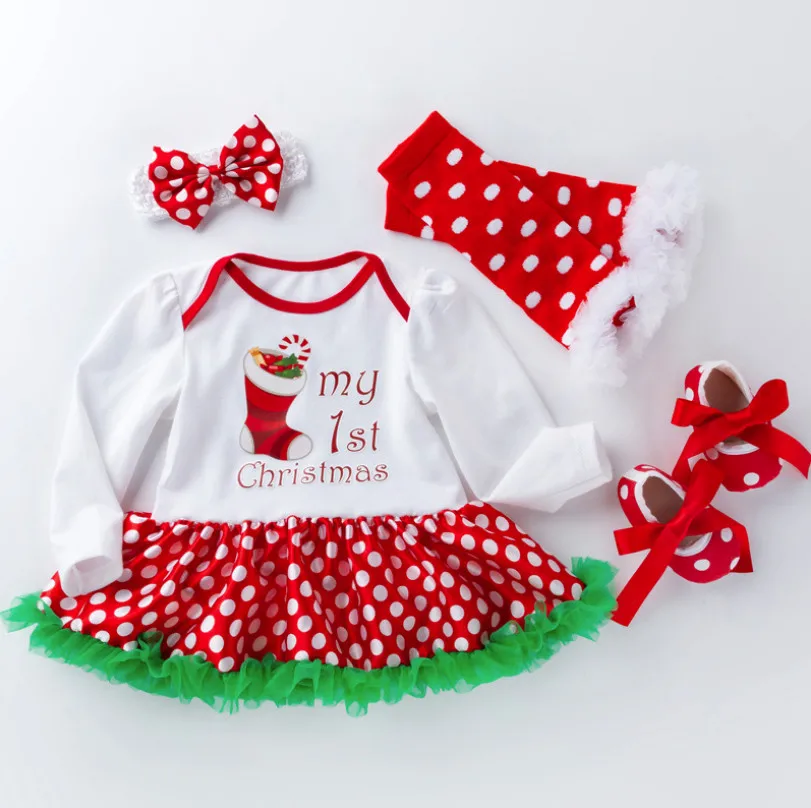 Infant Baby Mädchen 1st Weihnachten Kostüm Santa Claus Strampler mit Polka Dot Tutu Röcke + Schuhe + Stirnband + Socken cosplay Geschenk 0-24M