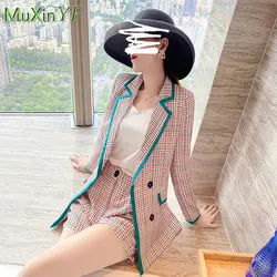 Autumn New Pink Plaid Suit Shorts Two-piece Women's 2023 Korean Fashion Elegant Top Blouse Blazers Pants Set Female Clothing