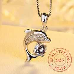 Prawdziwe 925 Sterling Silver biżuteria Crystal Dolphin Charm Box Chain wisiorki i naszyjniki Choker naszyjnik dla kobiet Wedding Party prezent