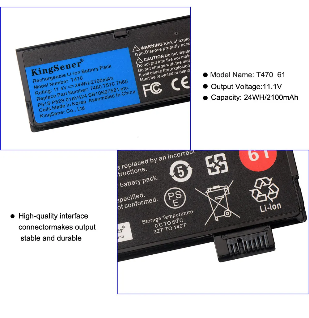 KingSener 10.8V 6600mAh Laptop Battery for Lenovo ThinkPad T470 T480 T570 T580 P51S P52S 01AV427 01AV428 01AV423 SB10K97580 61++