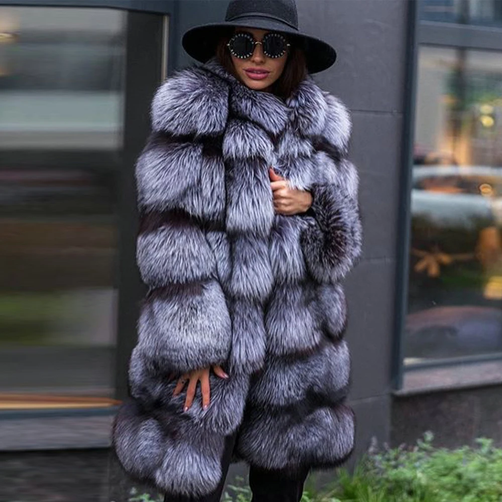 2022 New Fashion Real Fur Coats Woman Winter High Quality Whole Skin Genuine Silver Fox Fur Coat Stand Collar Warm Fur Overcoats