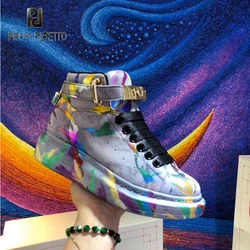 Thick-soled inner-increasing sneakers spring and summer couples graffiti painted leather casual trendy sneakers