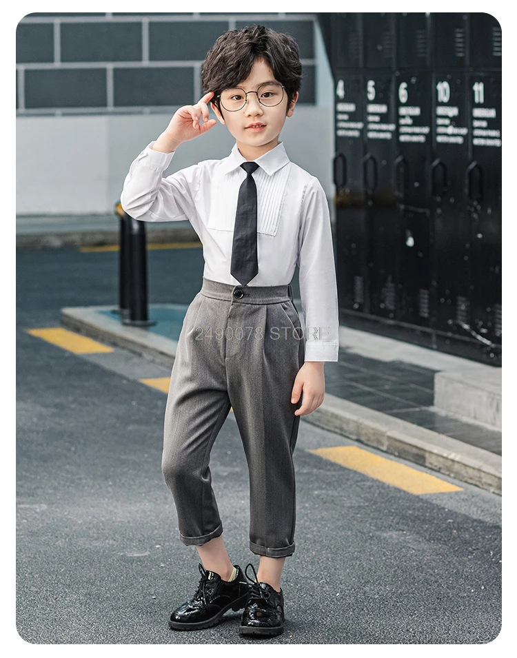 

Boys Summer Formal Birthday Suit Kids Wedding Dress Shirt Pants Tie 3Pcs Clothing Set Children Performance Party Costume