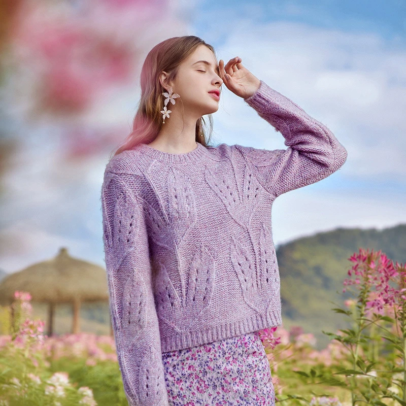

2021 New Spring Autumn Women Western-Style Purple Sweater Korean Version Hollow Out O Neck Thick Pullovers Sweet Elegant Outwear