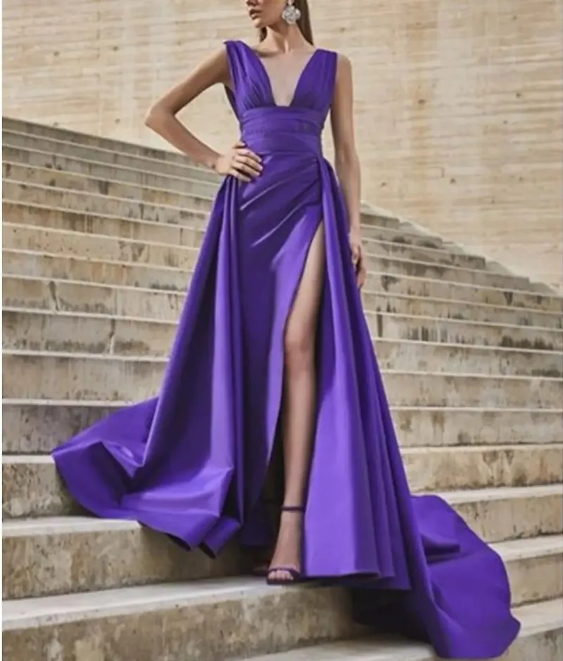 

Fashion Purple Long Prom Evening Dress V Neck Open Back Split Formal Party Gown Overskirt New 2022 Robe De Soirée