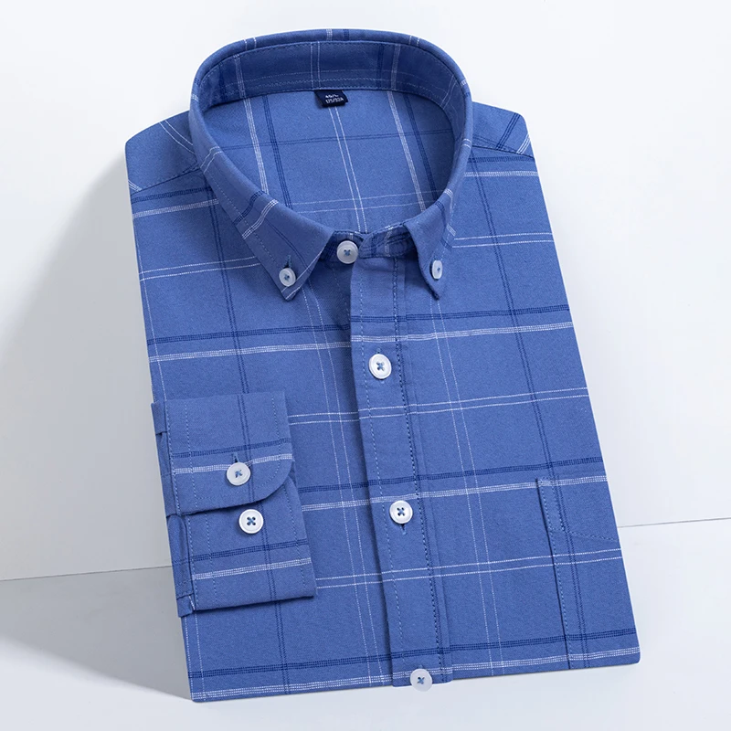 Plaid Causal Shirts Oxford Men Stylish Full Sleeve 100% Cotton Striped Pocket Button Standard-fit Daily Soft Checked Dress Shirt