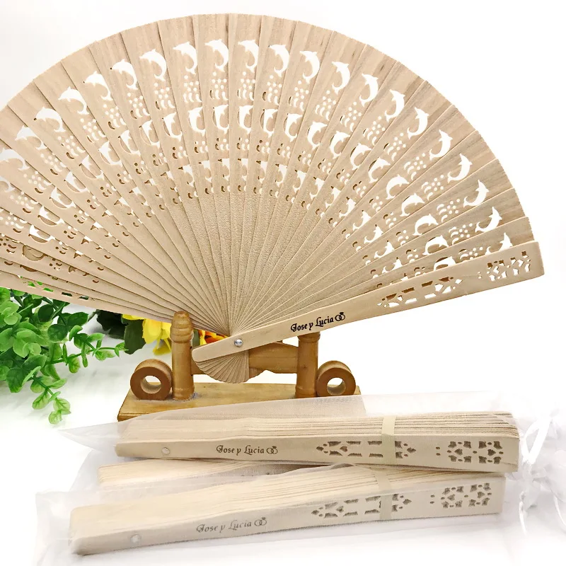 80PCS Wedding Sandalwood Fan Hollowed-out Dolphin Design in Organza Bag Custom Printing Text Wood Fan Perfect For Party Decor