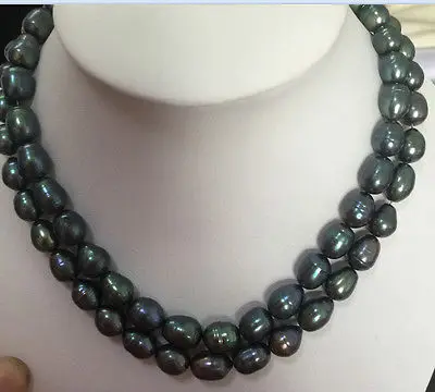 2 rows9-10mm natural tahitian peacock green pearl necklace 18inch19inch