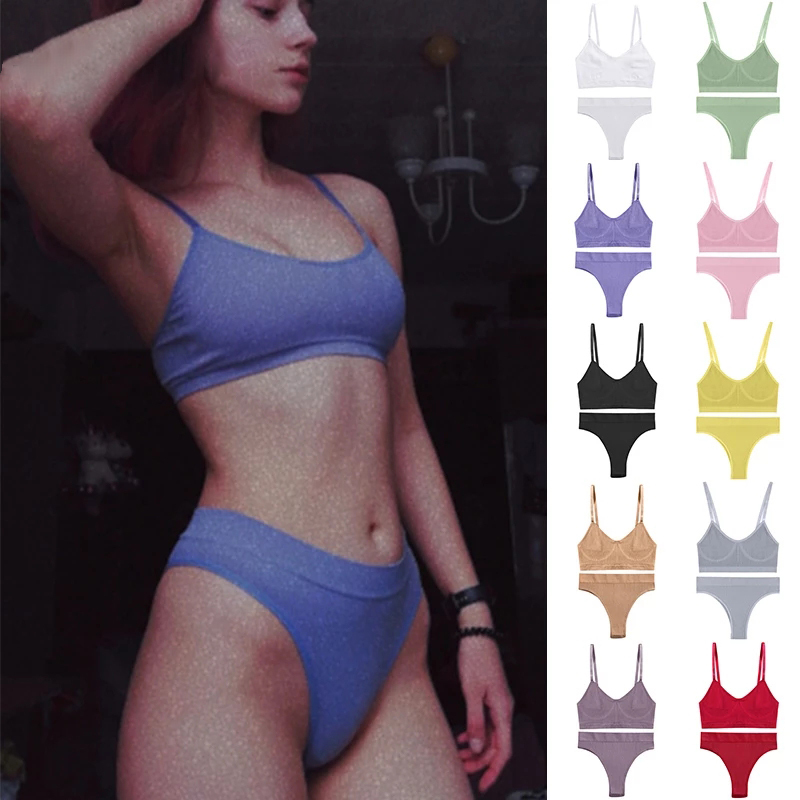  Women Bra Set Sexy Lingerie Female Underwear Set Bralette Ribbed Tops Girls Fashion Brassiere Basic Stretchy Tank Crop Tops 