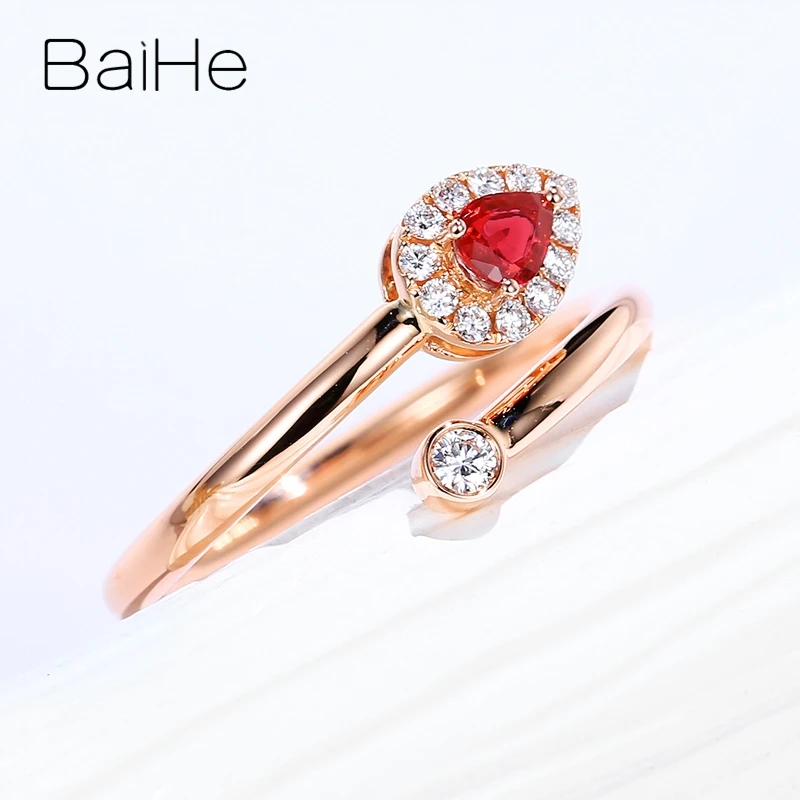 BAIHE Solid 14K Rose Gold Natural Ruby Diamond Pear Ring Women Trendy Fine Jewelry Making Bague Rubis Poire Birnen-Rubin-Ring