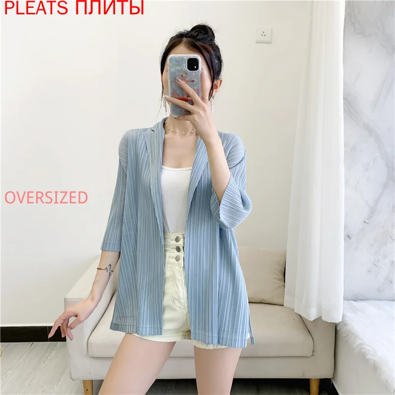 Miyake Fold Suit Jacket for Women, Five-Point Sleeve, Casual Fashion, Temperament, Without Button, Summer, New Product