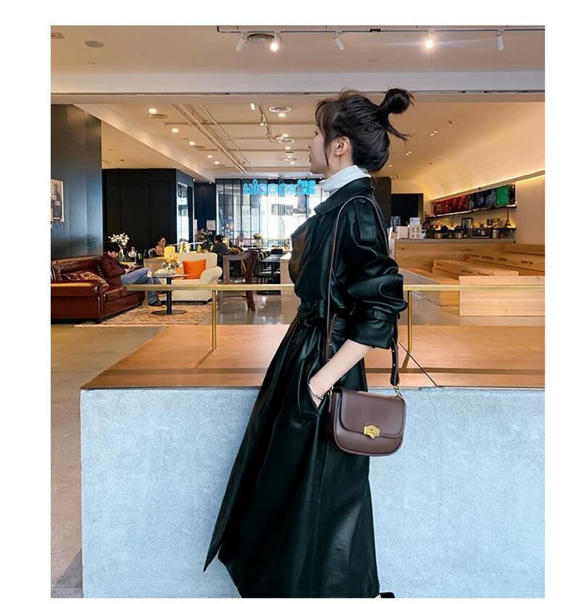 Nerazzurri Spring Black Oversized Long Waterproof Leather Trench Coat for Women 2021 Long Sleeve Loose Korean Fashion Clothing