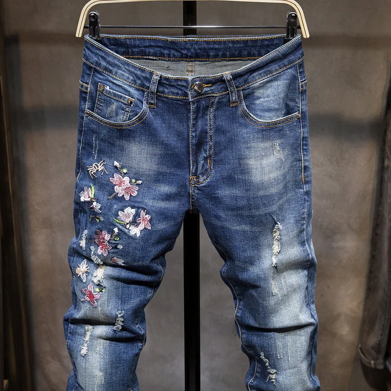 

Jeans Mens Embroidery Flower Hole Ripped Slim Stretch Straight Leg Denim Pants Plus Size 38 Casual Zipper Biker Trousers Male