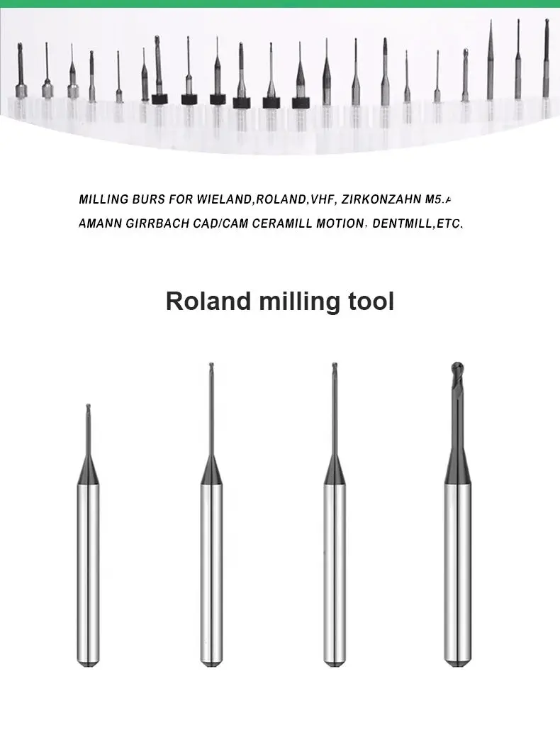 Green Roland Milling Burs DC/DLC 0.6mm/1.0mm/2.0mm CAD CAM System Lab Material