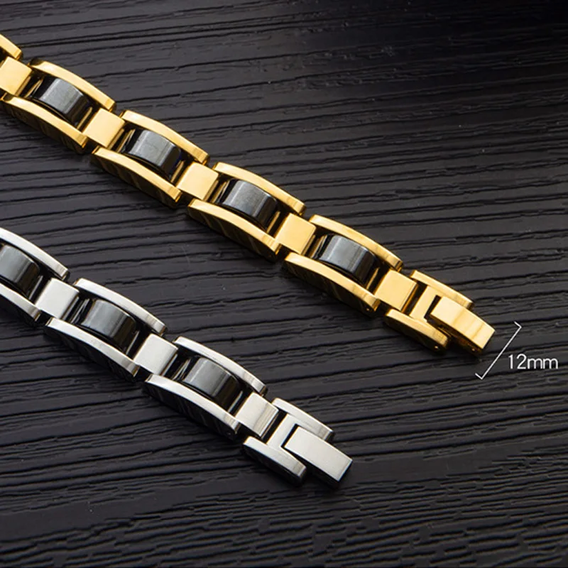 Mens Stainless Steel Magnetic Bracelet Male Black Ceramic Energy Germanium Hand Chain Gold Color Hologram Bracelets