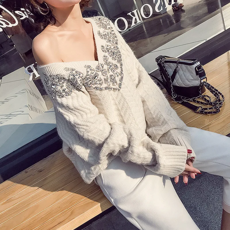 Heavy Industry Hand Nail Bead V-neck Pullover Sweater Women's Loose Lazy Casual Knitting Twist Bottoming Fashion Design Sweaters