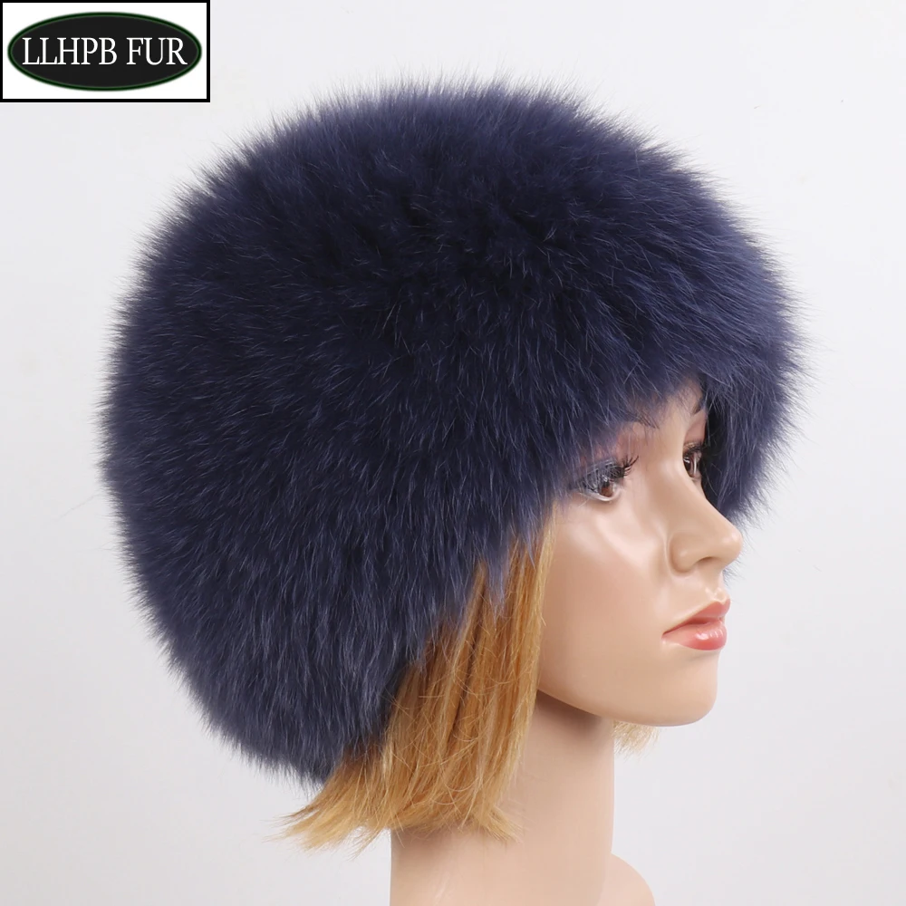 Luxury 100% Natural Real Fox Fur Hat Women Winter Elastic Knitted Real Fox Fur Bomber Cap Girls Warm Soft Fox Fur Beanies Hats