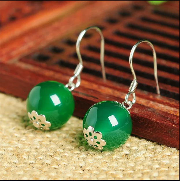 

Natural 925 sterling silver inlaid green white red agate round beads simple retro earrings jewelry individuality for woman