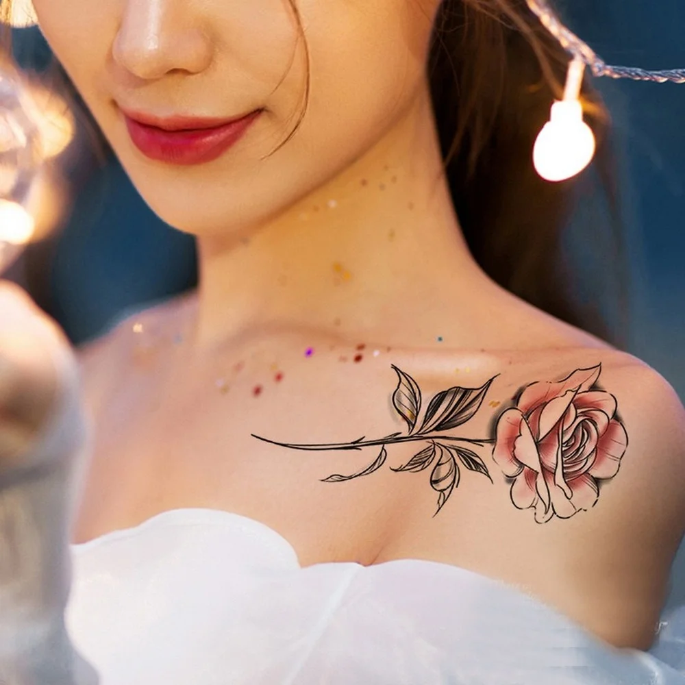 Waterproof Temporary Tattoo Sticker  Flash Tattoos Skull Snake Wolf Blue Pink Rose Flowers Body Art Arm Fake Sleeve Tatoo Women