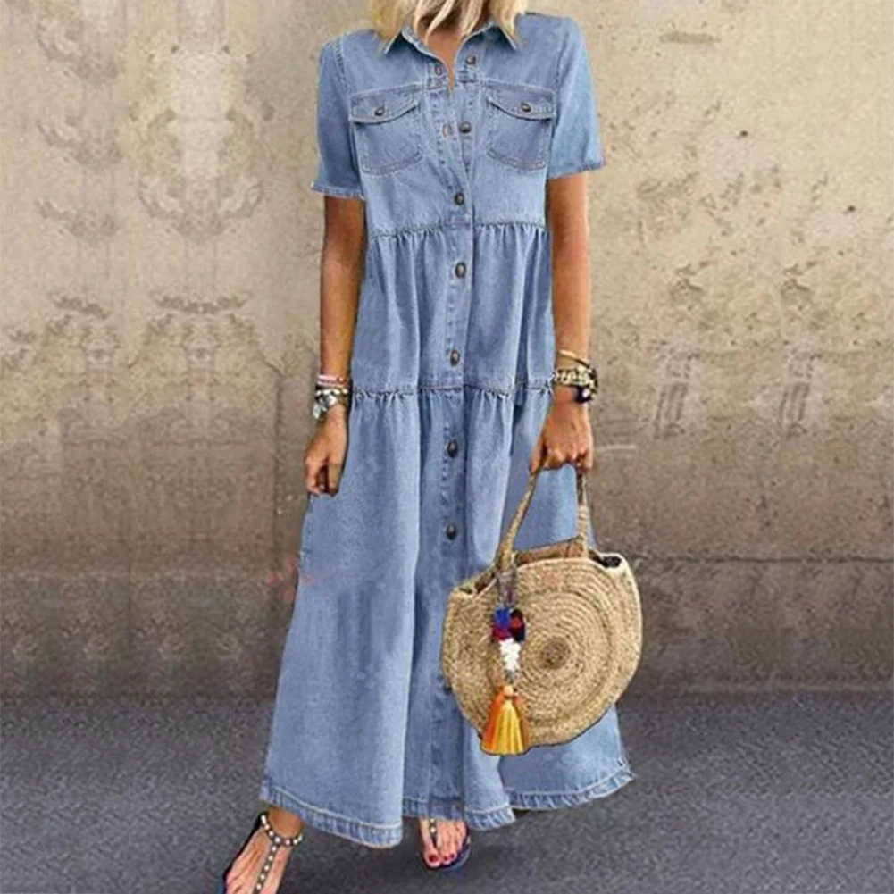 Bohemian Holiday Sundress Summer Women Vintage Denim Short Sleeve Beach Dress Loose Long Vestido Robe Femme