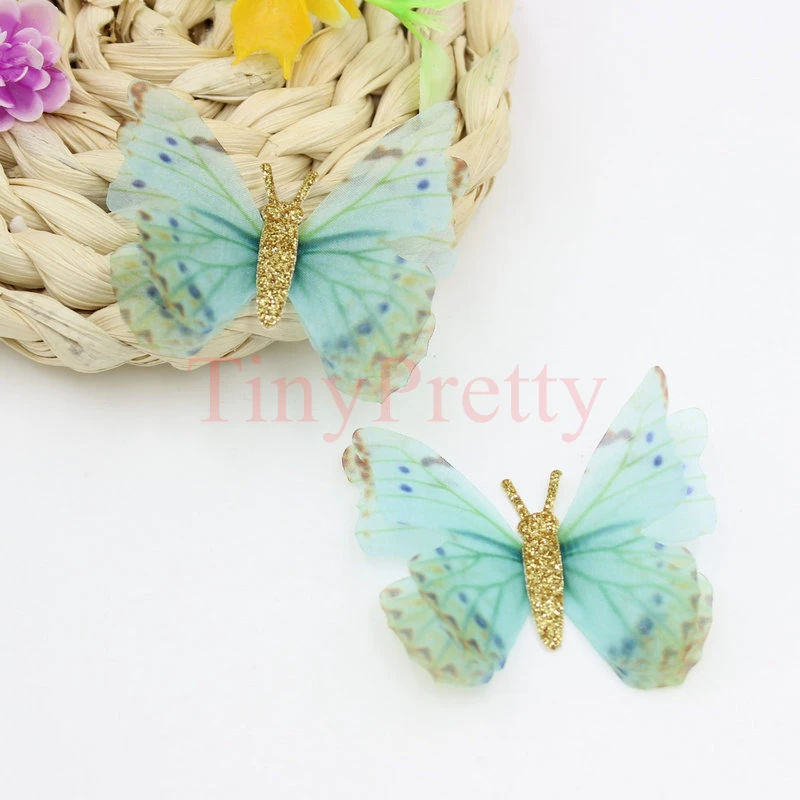 20pcs 50mm Glitter Organza Butterflies Double-layer Printed Butterfly Applique Patches Accessory for DIY Jewelry Making