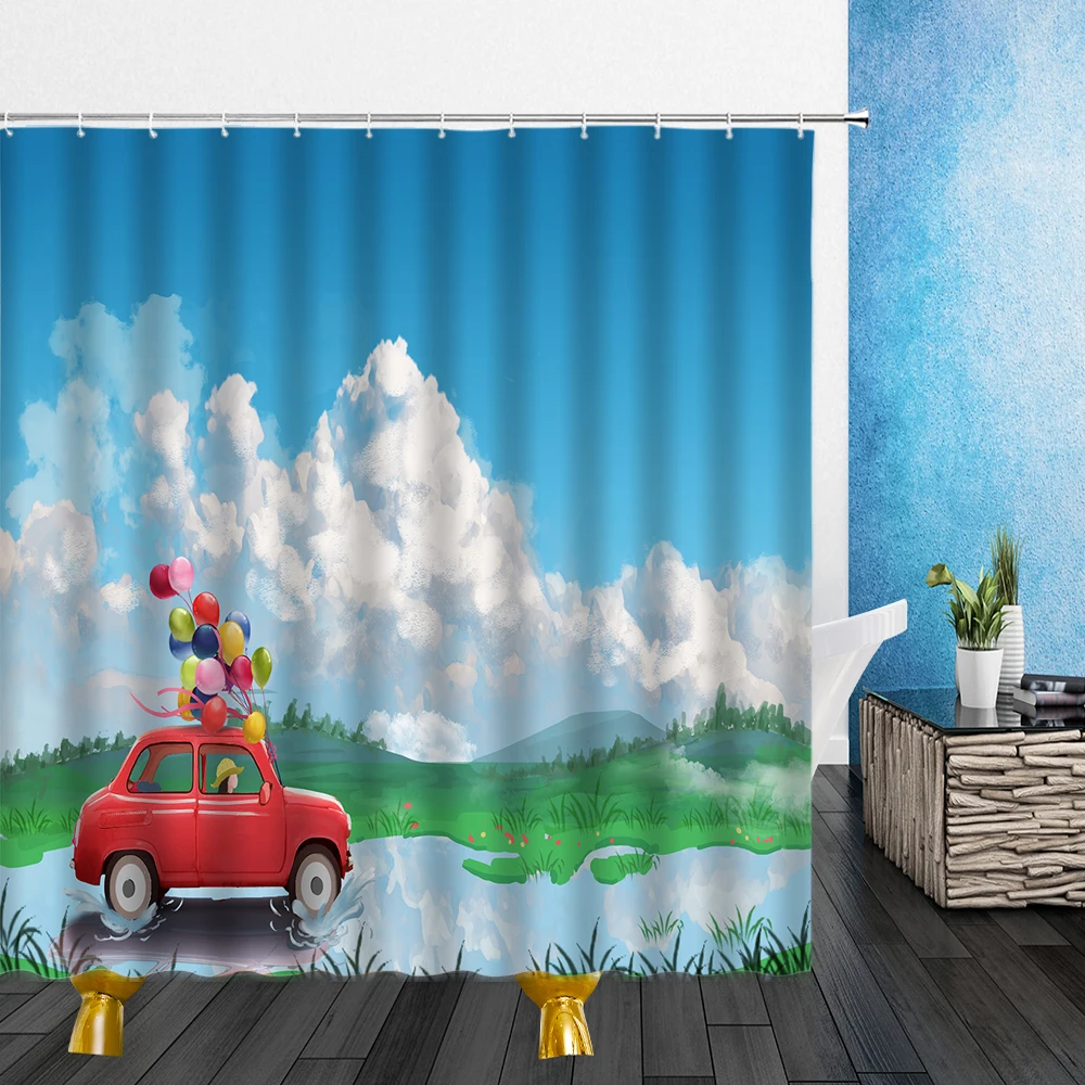 Cartoons Landscape Shower Curtains Red Car Color Balloon Spring 3D Print Bathroom Home Decor Waterproof Polyester Cloth Curtain