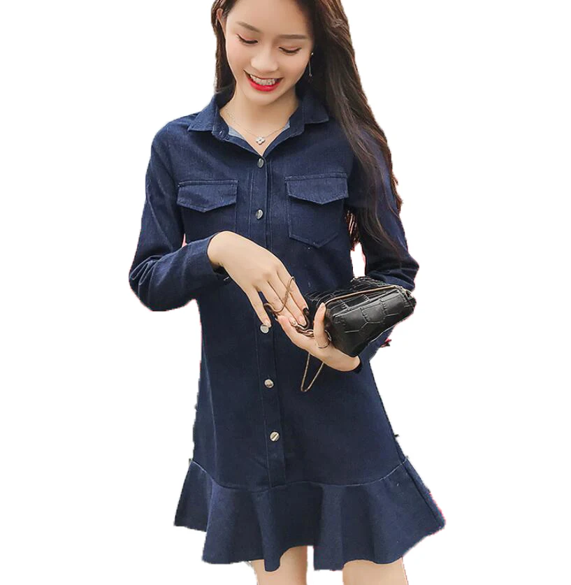 

Vintage Single-breasted Mini Dresses Women Fashion Turn-down Collar Long Sleeve Denim Dress Lady Casual Loose Ruffles Jean Dress