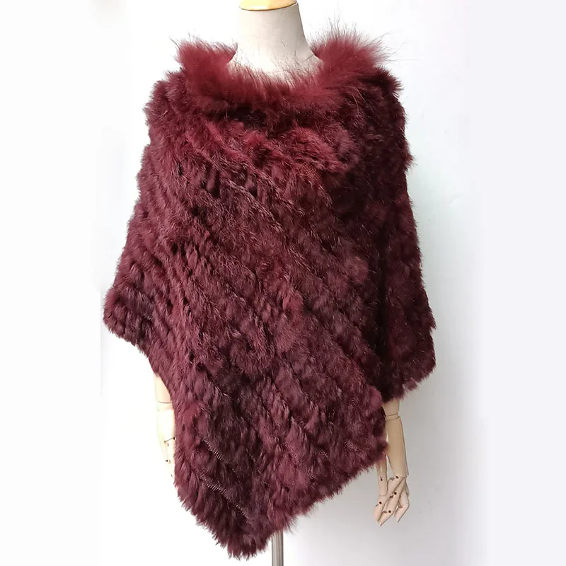 HSPL Women Fur Poncho Raccoon Fur Trim Shawl Fashion Oversized 2017 Autumn Knitted Real Rabbit Fur Capes Feminine Gray Ponchos