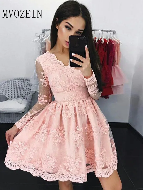 Mvozein-Robe de soirée rose en dentelle, col en V, manches longues, au-dessus du genou, zone éducative, remise des diplômes, robe de soirée courte, 2023