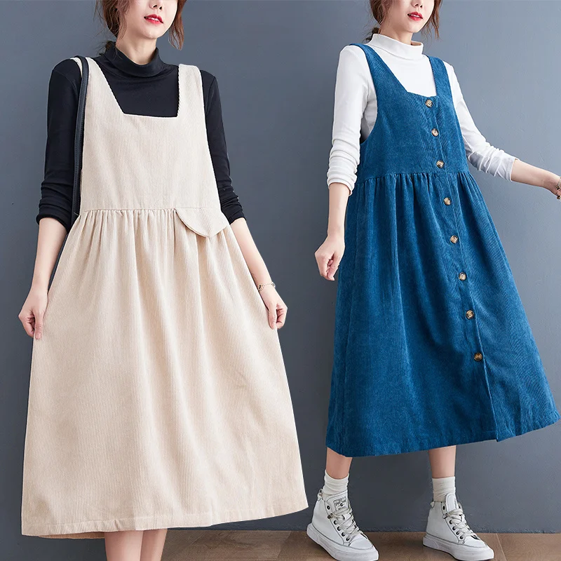 2022 New Vintage Corduroy Strap Dress Women Clothing Spring Autumn Dresses Loose Large Size Slim Dress D564