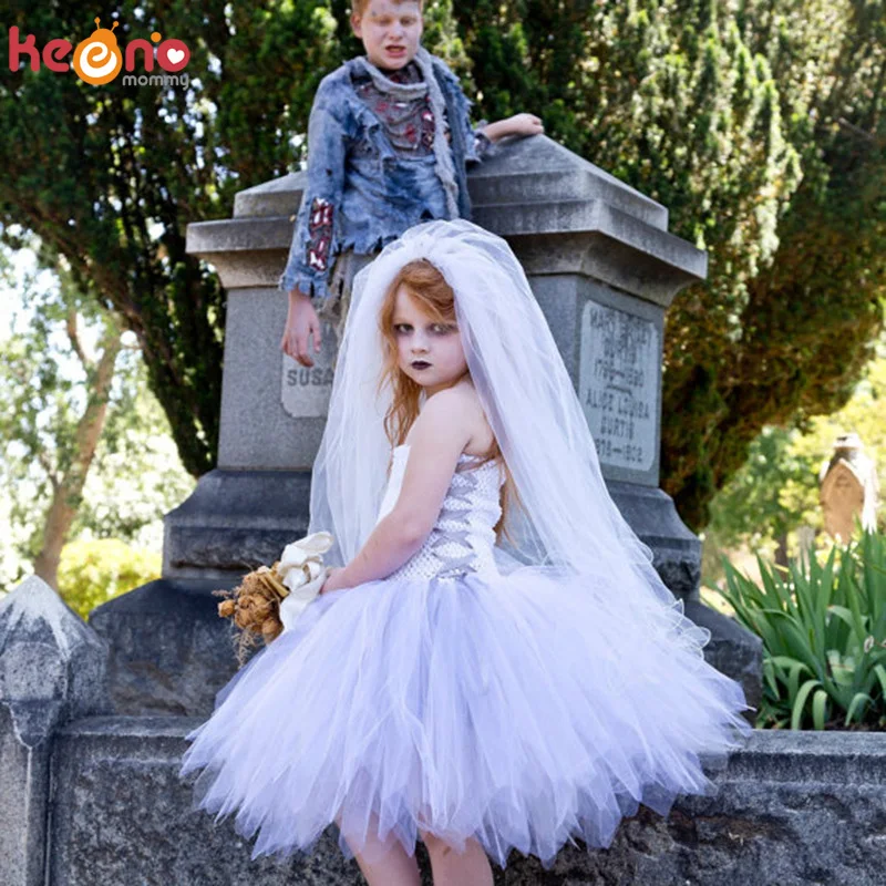 Halloween Dead Bride Girls Tutu Dress with Veil Children Corpse Lady Halloween Carnival Cosplay Costume Kids Fancy Tulle Dress